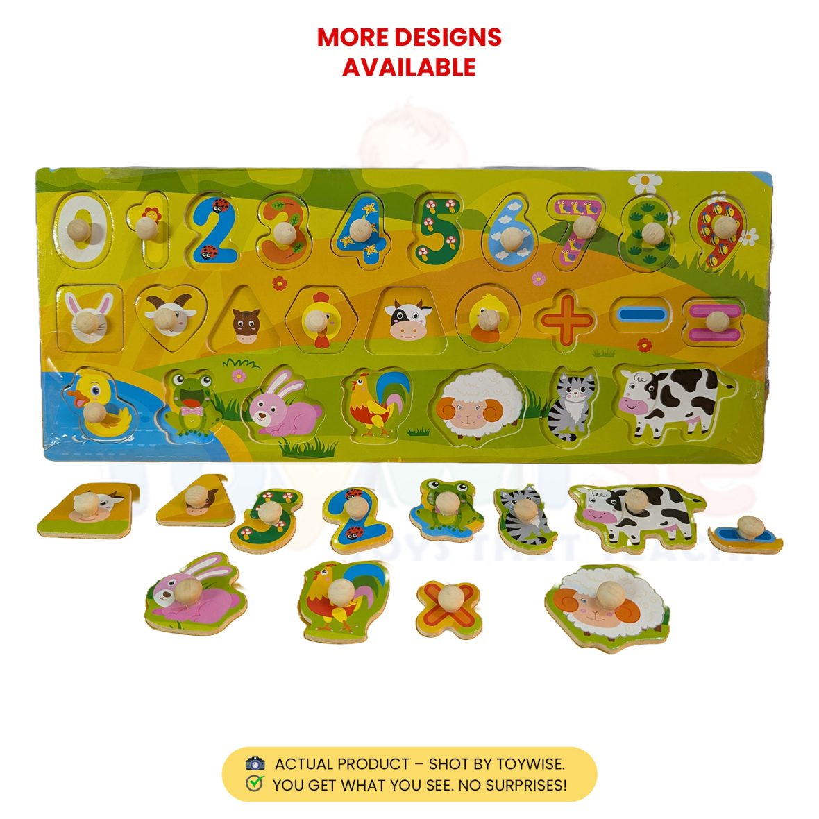 Wooden Knob Puzzle – Numbers, Shapes & Animals (Premium Montessori Board)