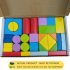 Colorful wooden building blocks in various shapes (squares, cylinders, triangles, arches) neatly packed inside the Wisdom Childhood box.